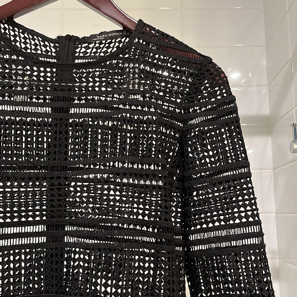 ZARA Black Lattice Crochet Lace Long Sleeve Midi Shift Dress - Picture 7 of 10